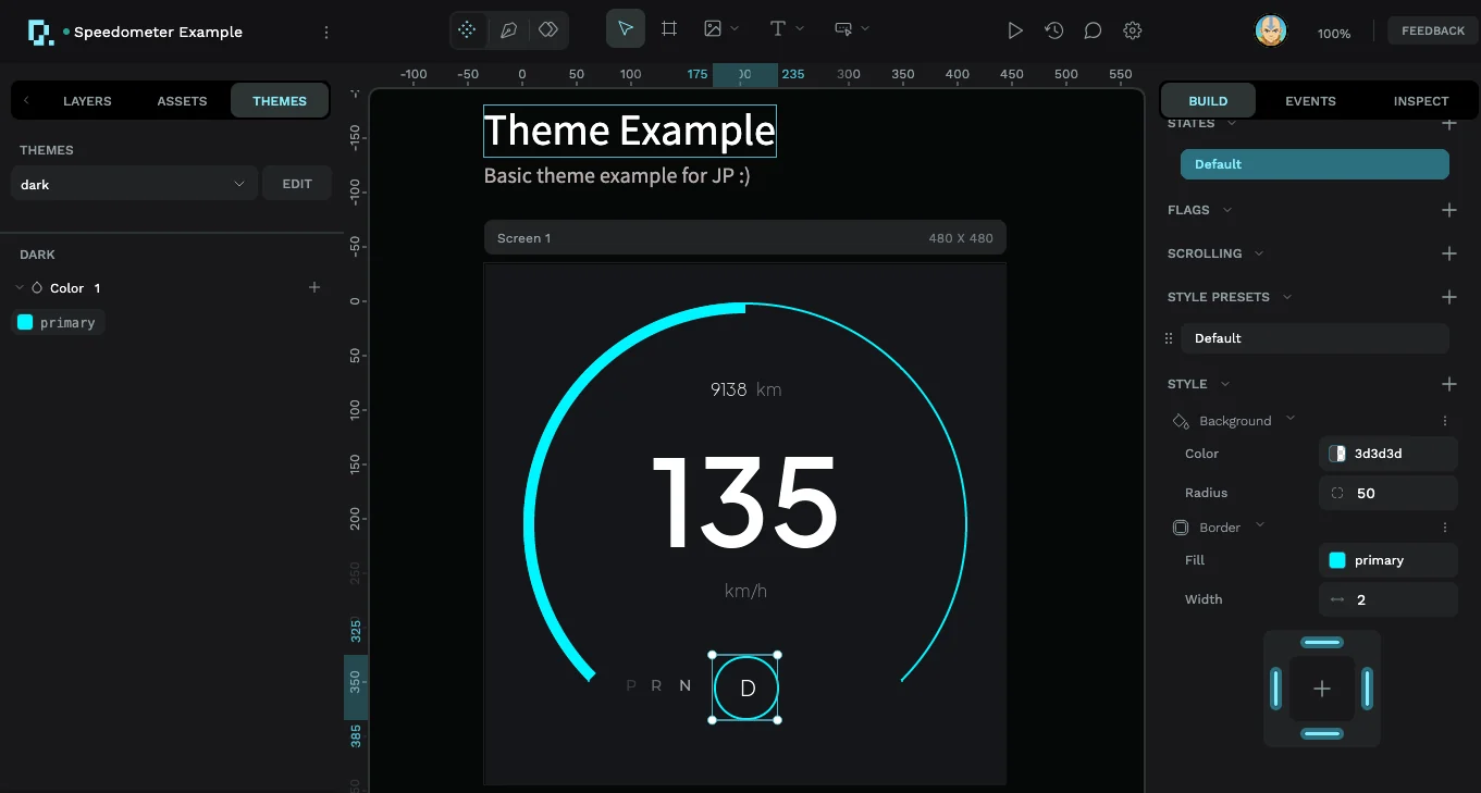 The speedometer canvas using the dark theme's cyan primary token, with primary shown in the widget's Border Fill property
