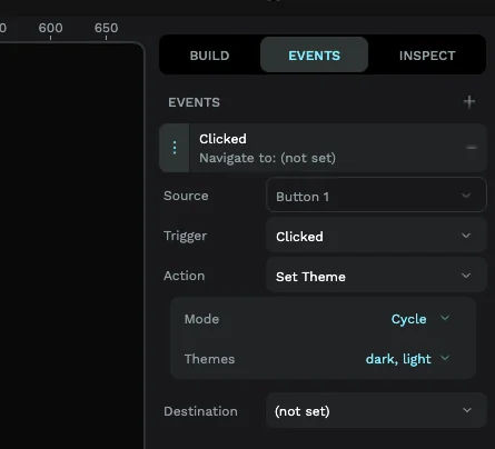 The PicoPixel Events sidebar configured with Trigger Clicked, Action Set Theme, Mode Cycle, and the dark and light themes selected