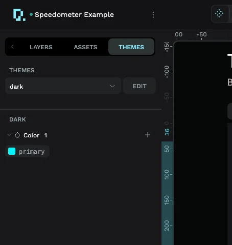 The PicoPixel Themes panel with the dark theme selected and a cyan color token named primary