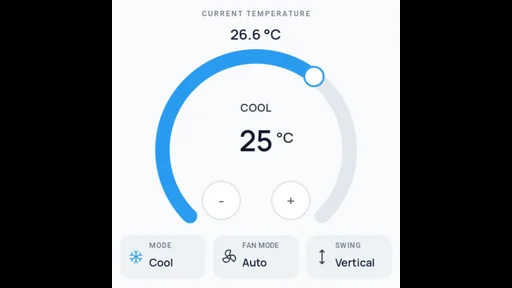 Square ESPHome thermostat interface with temperature arc, cooling setpoint, and climate mode cards