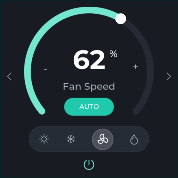 Dark 480 x 480 LVGL fan control screen showing 62 percent fan speed, previous and next controls, AUTO mode, heat, cool, fan, dry, and power icons