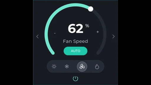 Square ESPHome fan-speed interface with a mint arc, percentage value, AUTO button, and climate mode selector