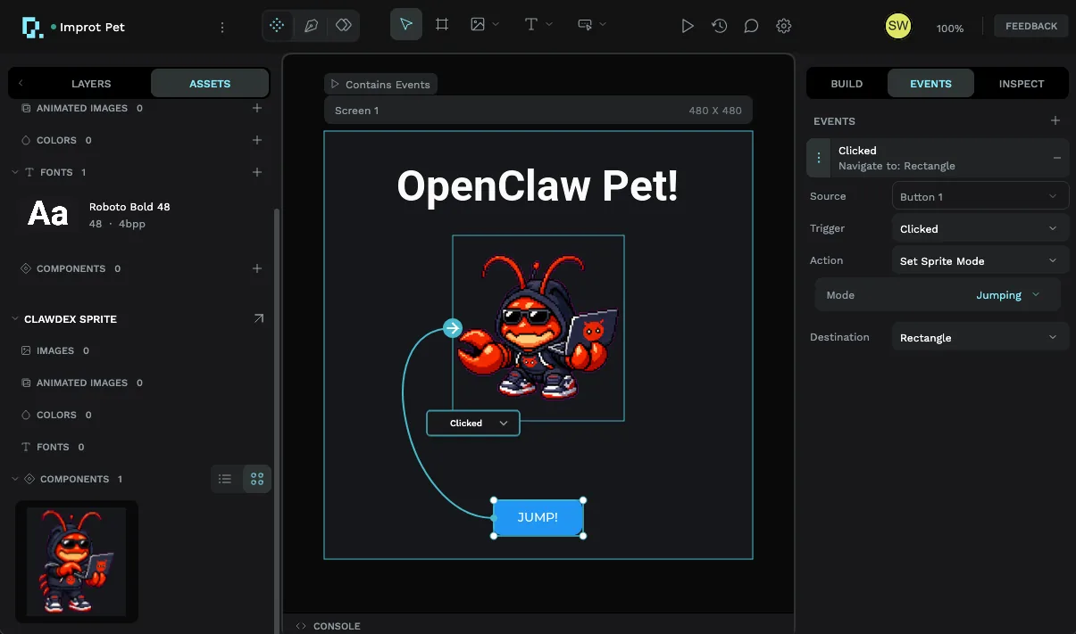 The PicoPixel event editor showing a Clicked event on a JUMP button, with the action Set Sprite Mode set to Jumping