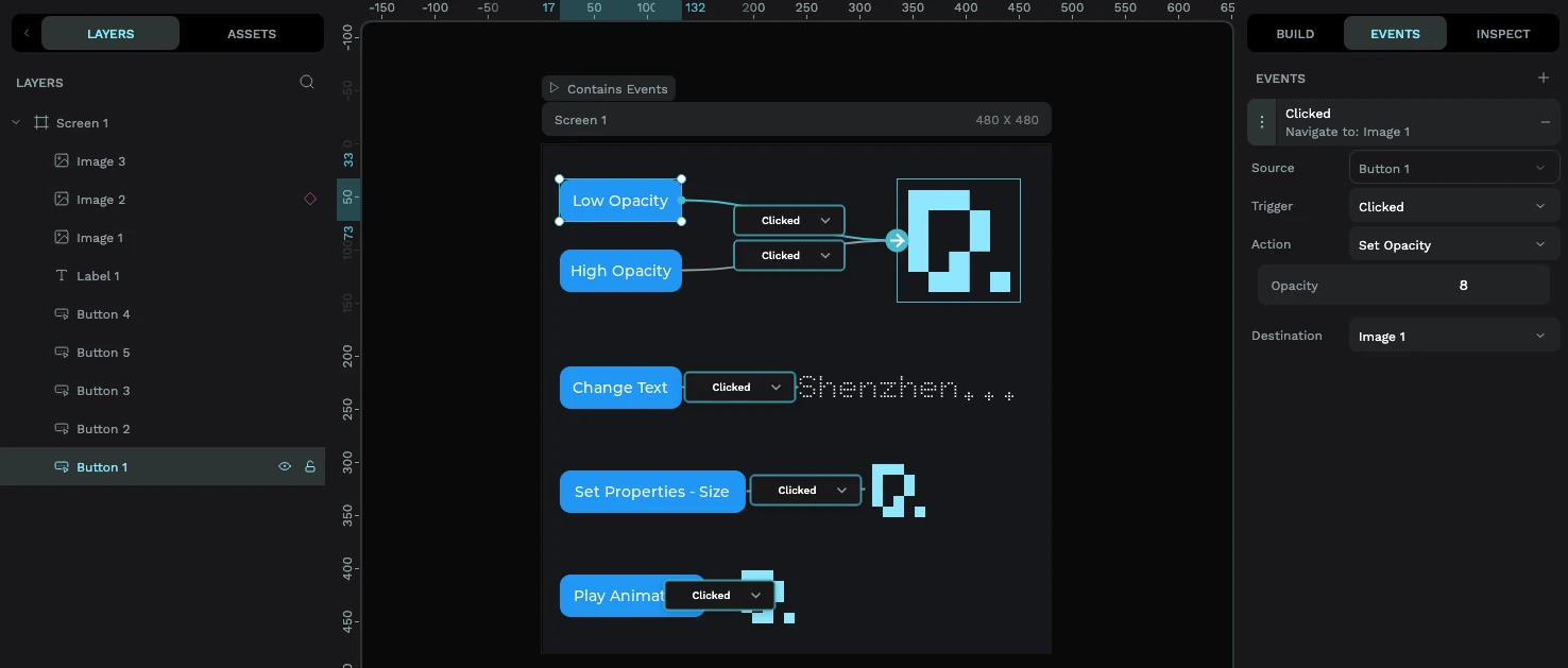 The PicoPixel editor with the Events view active, showing several button sources such as Low Opacity, High Opacity, Change Text, Set Properties - Size, and Play Animation connected by curved wires to their image and label destinations, each wire carrying a Clicked trigger node, with the Events panel on the right showing the selected event's Source, Trigger, Action, Opacity, and Destination