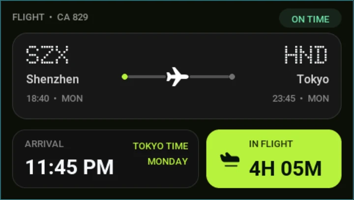 Wide LVGL flight overview displaying CA 829 from SZX Shenzhen to HND Tokyo, on-time status, route progress, arrival details, and in-flight duration