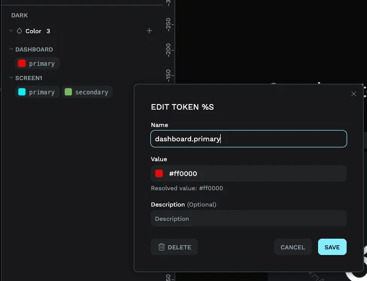 The PicoPixel Themes panel showing collapsible dashboard and screen1 color-token groups, with an Edit Token dialog containing the dotted name dashboard.primary