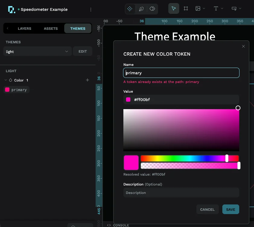 The PicoPixel Create New Color Token dialog with the name primary and a neon pink value while the light theme is selected