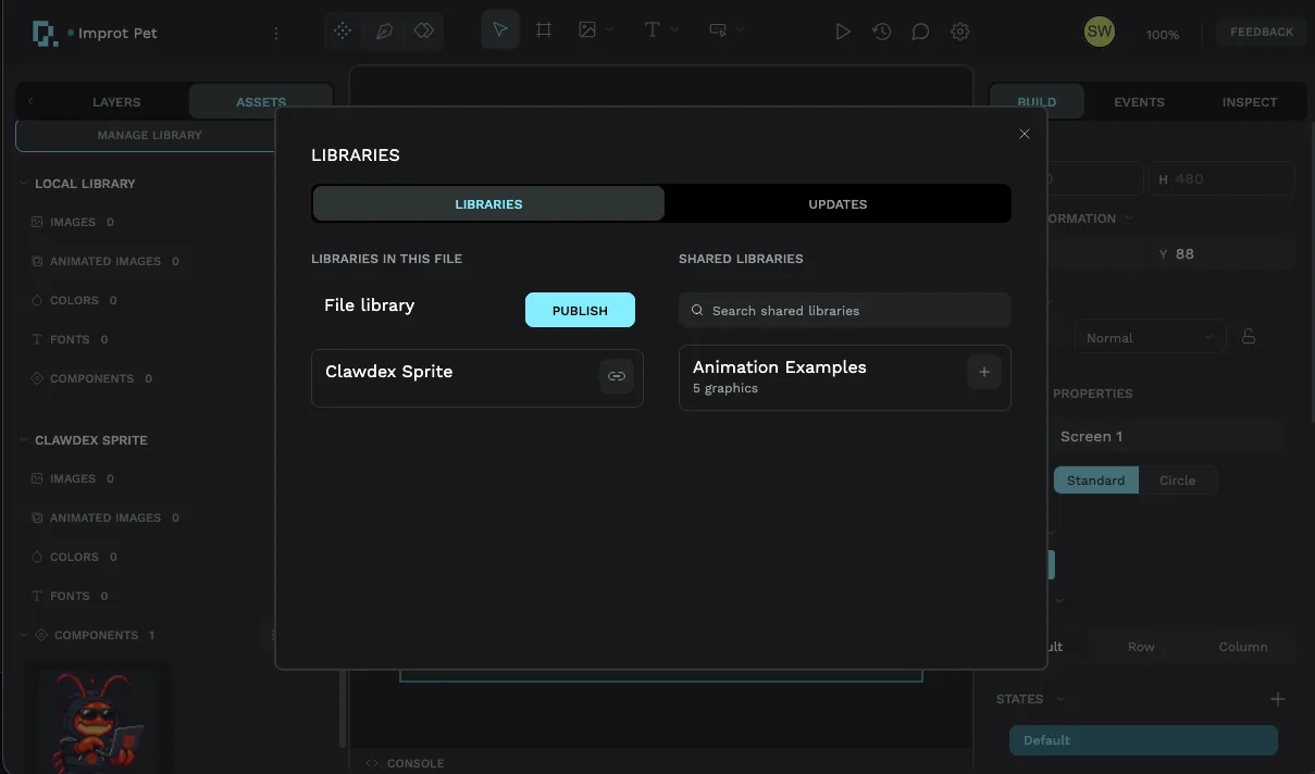 The Libraries dialog in PicoPixel, showing the Clawdex Sprite file library with a Publish button on the left and shared libraries available to link on the right