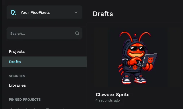 A newly imported Clawdex pet shown under the Drafts section of the PicoPixel dashboard
