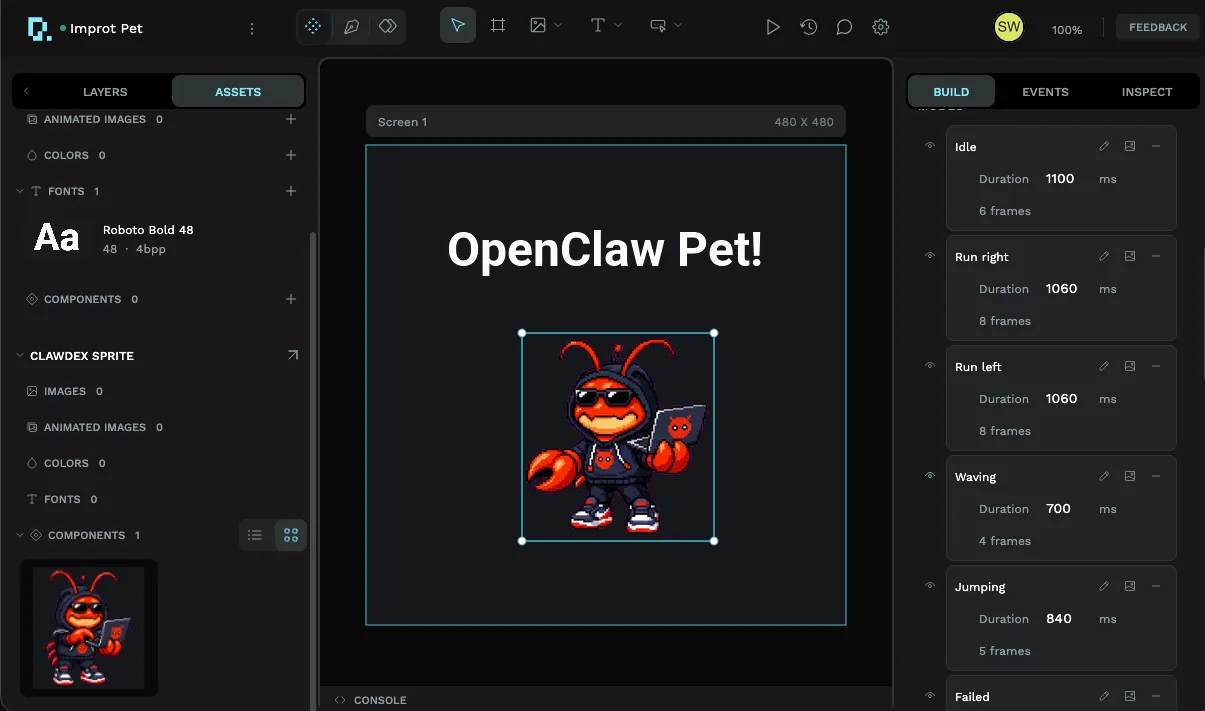 The Clawdex pet fully loaded into a new workspace project titled OpenClaw Pet, with all of its modes listed in the right-hand panel