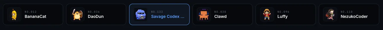 A horizontal strip of pet cards in the PicoPixel pets directory, including BananaCat, DaoDun, Savage Codex, Clawd, Luffy, and NezukoCoder