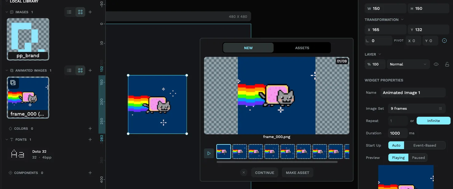 The PicoPixel editor showing an animated image widget with a 9-frame Nyan Cat sprite loaded, the frame filmstrip along the bottom, and the widget properties panel on the right displaying the image set, repeat, duration, and playback settings