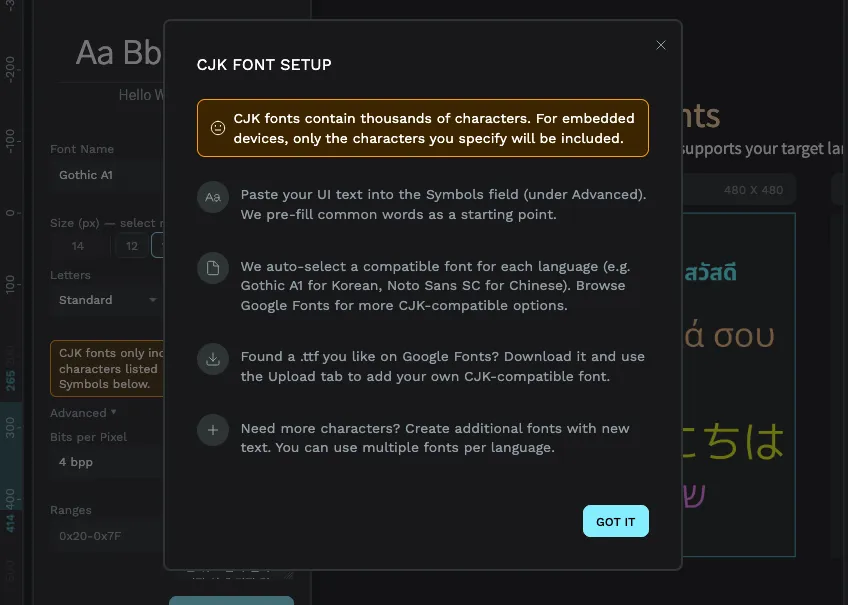 The PicoPixel CJK Font Setup dialog explaining that CJK fonts contain thousands of characters and only specified characters will be included, with tips for pasting UI text into the Symbols field, auto-selecting compatible fonts, downloading from Google Fonts, and creating additional fonts for more characters