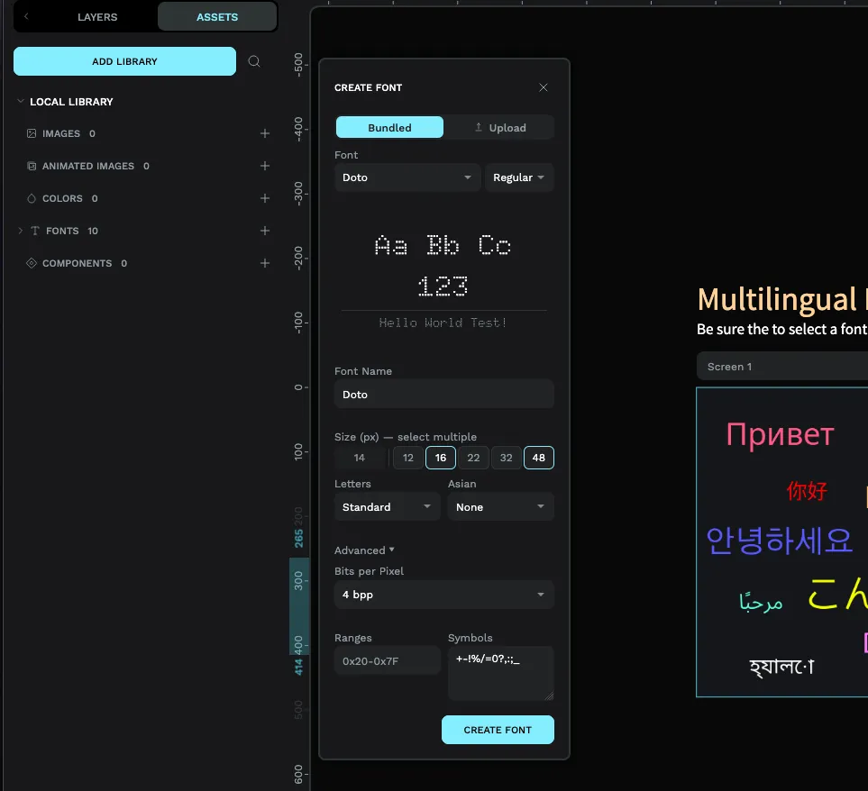 The PicoPixel Create Font panel with the Bundled tab active, showing the Doto Regular font selected, a live preview reading Hello World Test!, sizes 16 and 48 selected, Letters set to Standard, and the Advanced section expanded with Bits per Pixel at 4 bpp, Ranges, and Symbols fields