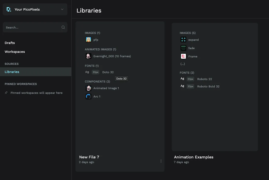 The PicoPixel Libraries dashboard showing two saved libraries with their images, animated images, fonts, and components listed, ready to be imported into other projects