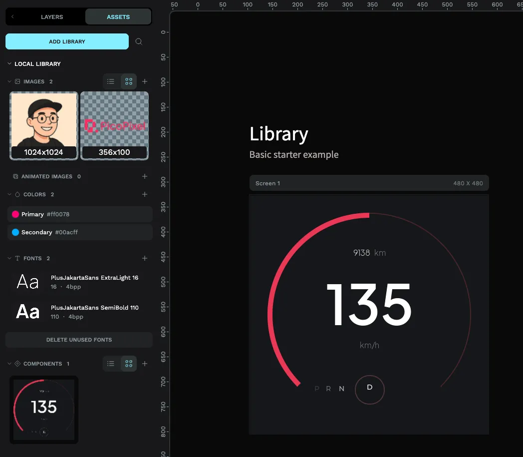 The PicoPixel editor showing the Assets panel with a local library containing images, colors, fonts, and a speedometer component, alongside a speedometer UI on the canvas titled Library Basic starter example