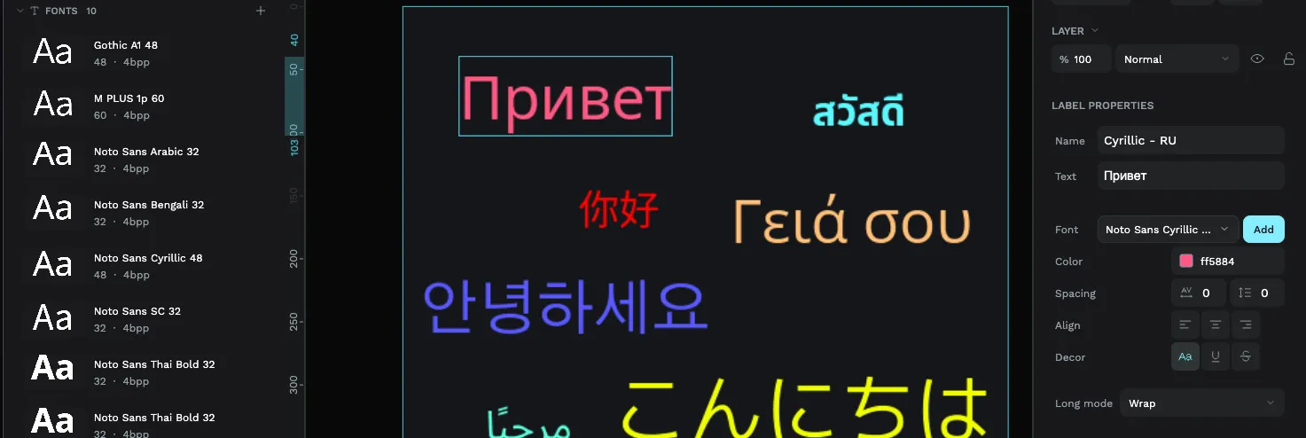 The PicoPixel editor canvas showing multilingual label widgets in Cyrillic, Thai, Chinese, Greek, Korean, Japanese, and Arabic scripts, with the fonts panel listing ten loaded fonts on the left and label properties on the right