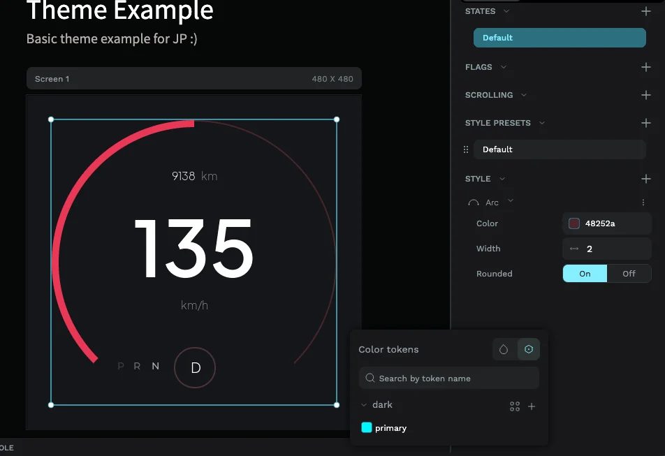 The PicoPixel color-token browser open beside the speedometer, showing the dark theme and its cyan primary token