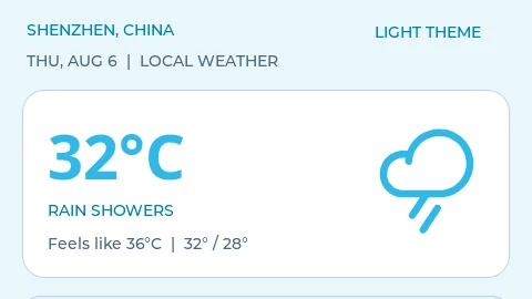 Bright Shenzhen weather dashboard showing 32 degrees Celsius, rain showers, and a large rain icon