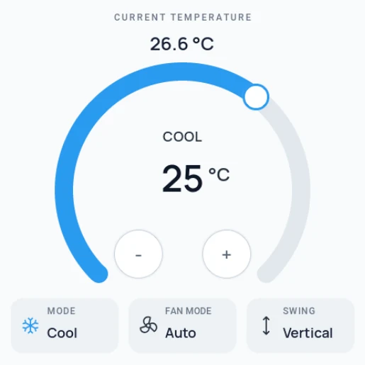 Light smart-home thermostat screen showing current temperature, cooling setpoint, adjustment buttons, fan mode, and vertical swing status