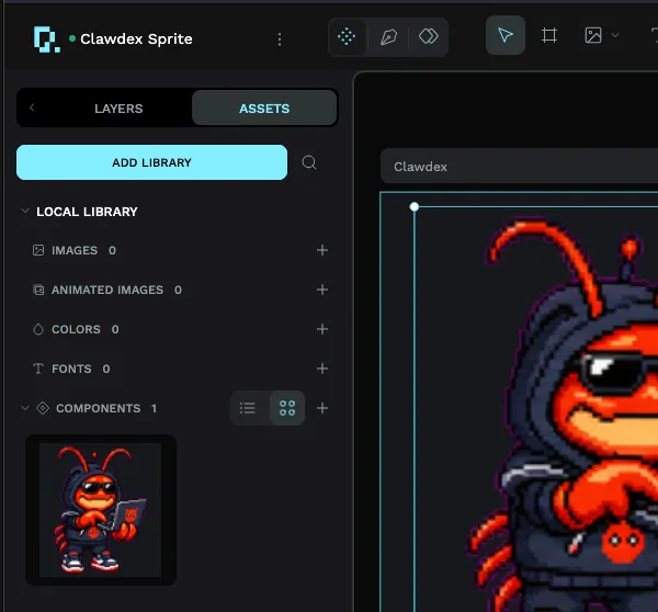 The Assets tab showing the Clawdex sprite saved as a reusable component in the local library