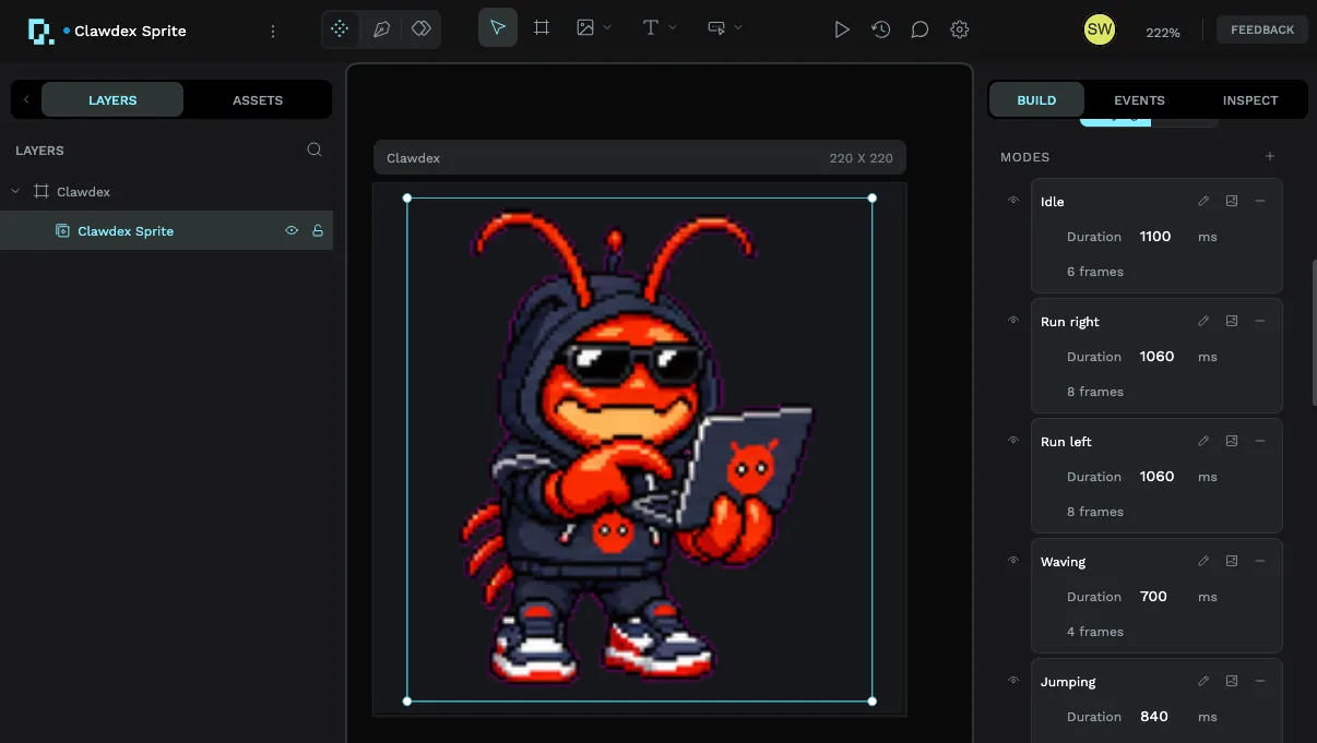 The Clawdex sprite open in the PicoPixel editor canvas, with its modes, Idle, Run right, Run left, Waving, Jumping, listed in the Build panel on the right