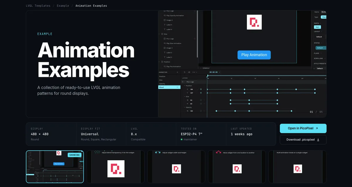 A PicoPixel template detail page for Animation Examples, showing preview images, display details, an Open in PicoPixel button, and a Download .picopixel button