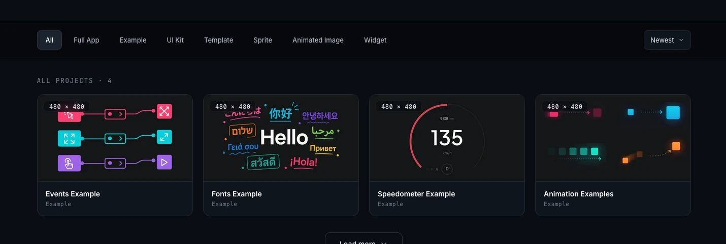 The PicoPixel templates gallery showing category filters for Full App, Example, UI Kit, Template, Sprite, Animated Image, and Widget, with project cards for Events Example, Fonts Example, Speedometer Example, and Animation Examples