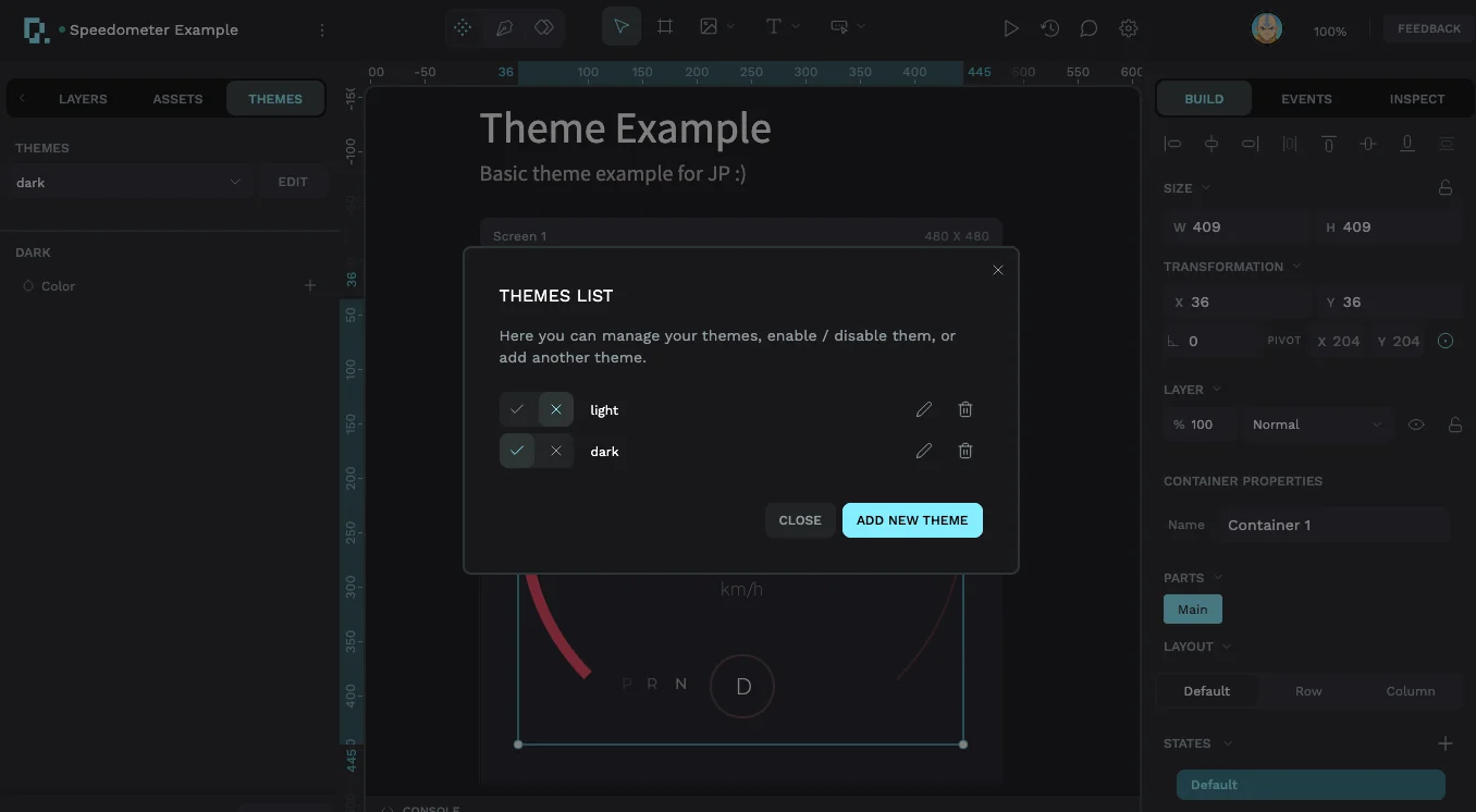 The PicoPixel editor with the Themes tab open and a Themes List dialog showing enabled light and dark themes plus an Add New Theme button
