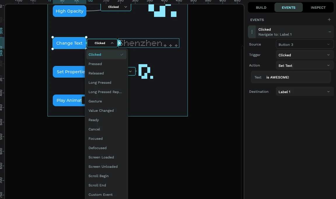 The PicoPixel Trigger dropdown open in the event editor, listing the available triggers: Clicked, Pressed, Released, Long Pressed, Long Pressed Repeat, Gesture, Value Changed, Ready, Cancel, Focused, Defocused, Screen Loaded, Screen Unloaded, Scroll Begin, Scroll End, and Custom Event