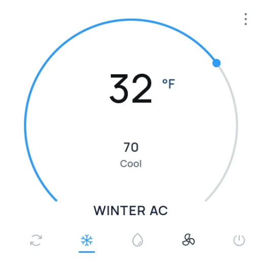 Minimal square AC control screen with a large temperature dial, cooling mode, device label, and five bottom control icons