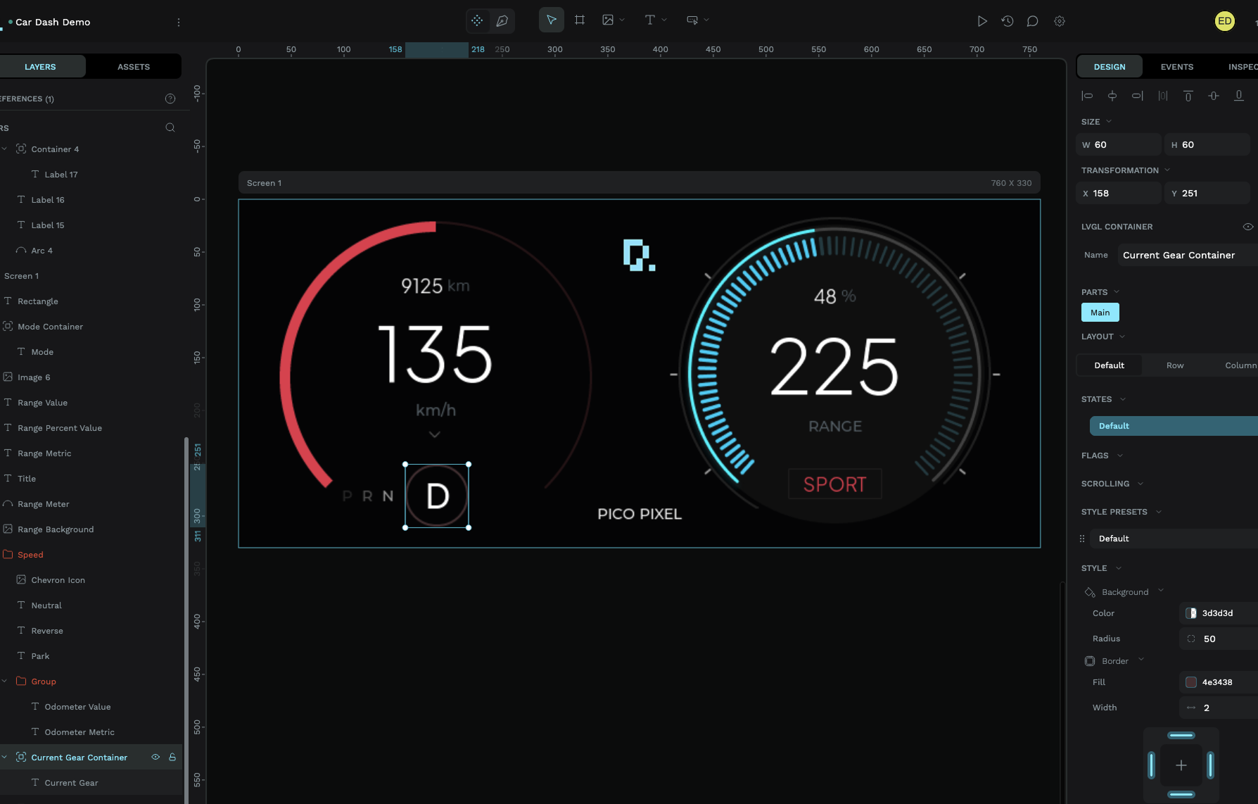PicoPixel editor workspace showing a car dashboard UI design with speedometer and gauges