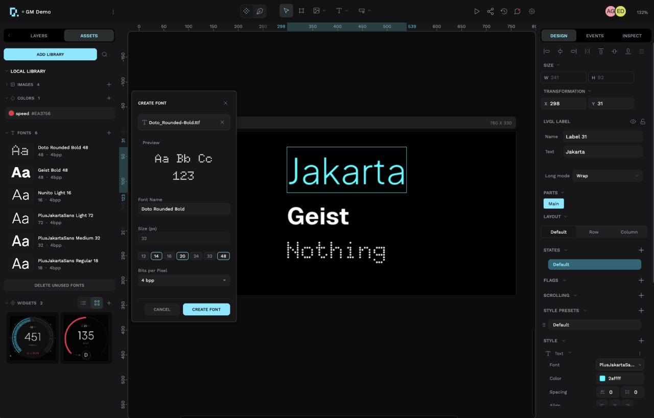 PicoPixel typography panel showing font selection and sizing
